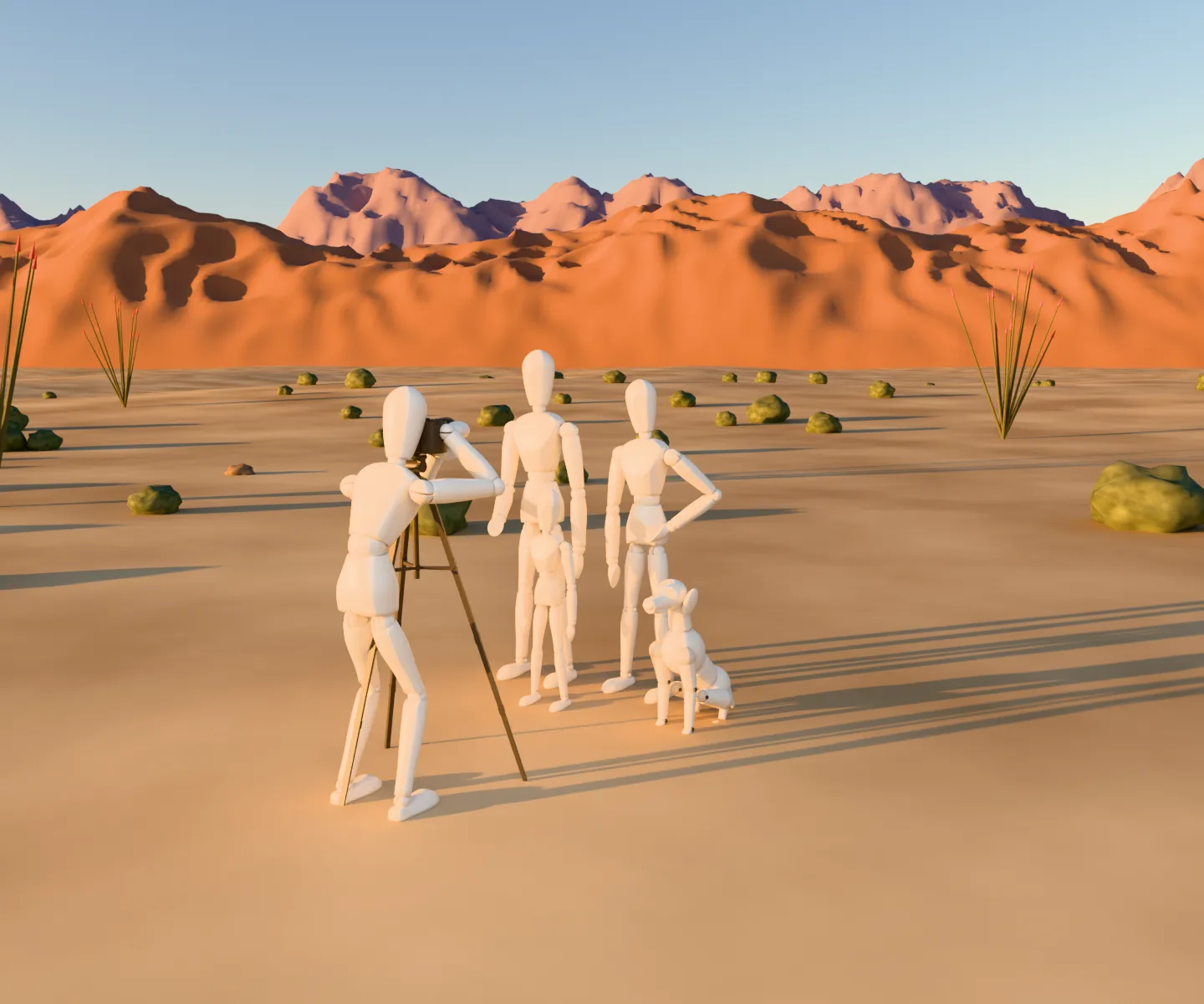 A mannequin family being photographed in the desert at sunset, with mountains behind them