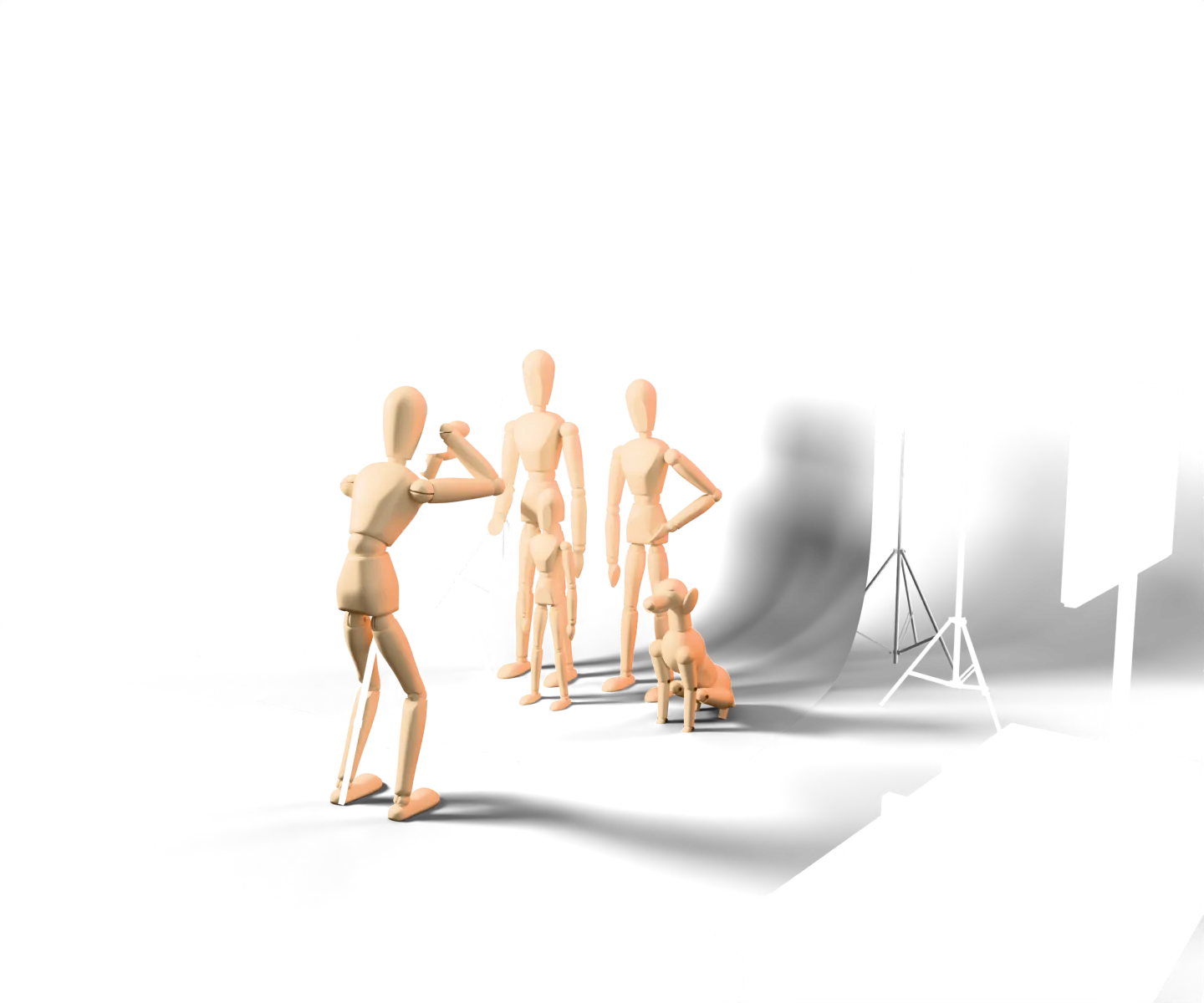 A mannequin family being photographed in a studio, in front of a paper backdrop between two softbox lights